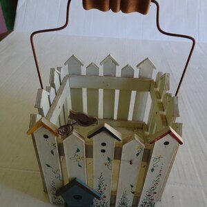 Basket - Birdhouse Picket Fence Basket with handle - Wood with wire handle